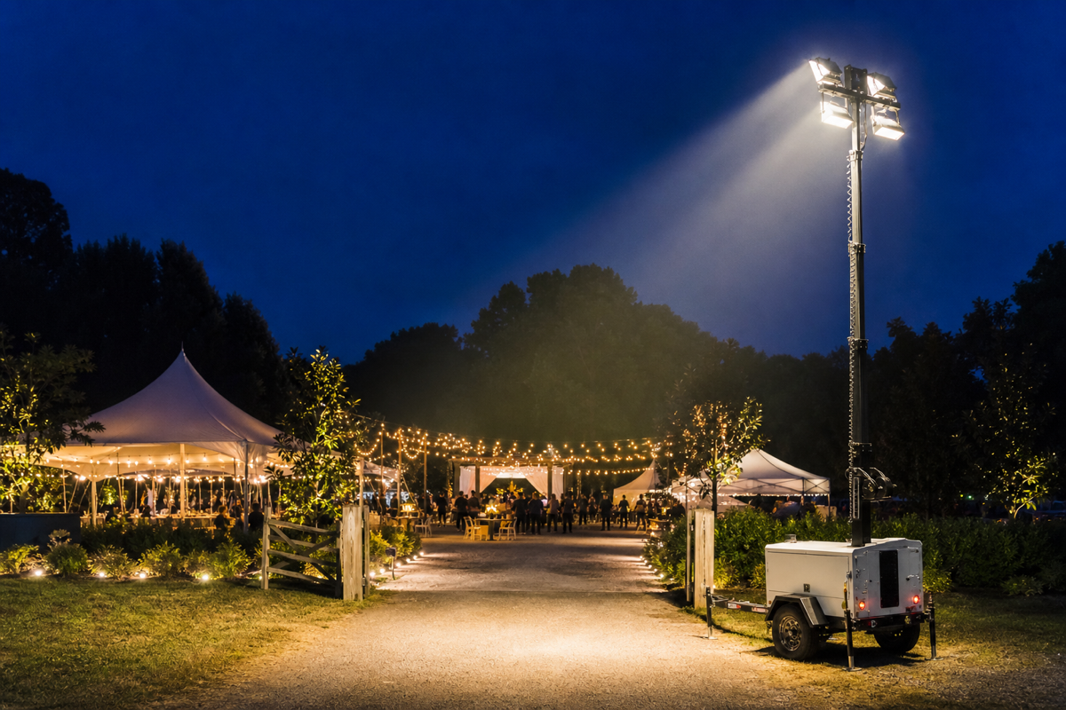 Portable light tower illuminating an outdoor event