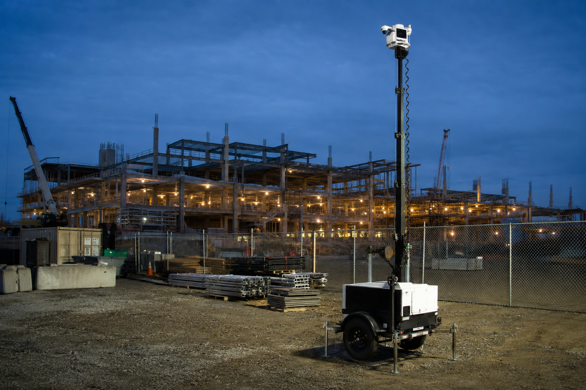 Security equipment deployed along a construction-site perimeter